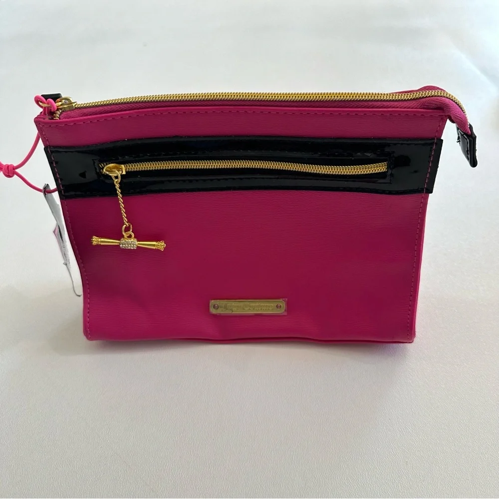 Juicy Couture Clutch Pink Gold Accent PVC Cosmetic Makeup Bag Double Zip Pockets